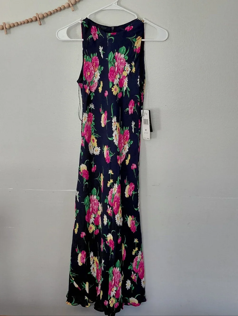 Lauren Ralph Lauren 100% Silk Navy Floral 90's Vintage Midi Dress NWT 4P
